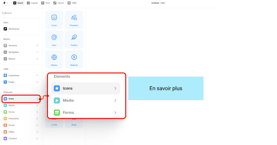 Ajout d’une icône depuis la librairie d’icônes Framer dans un bouton