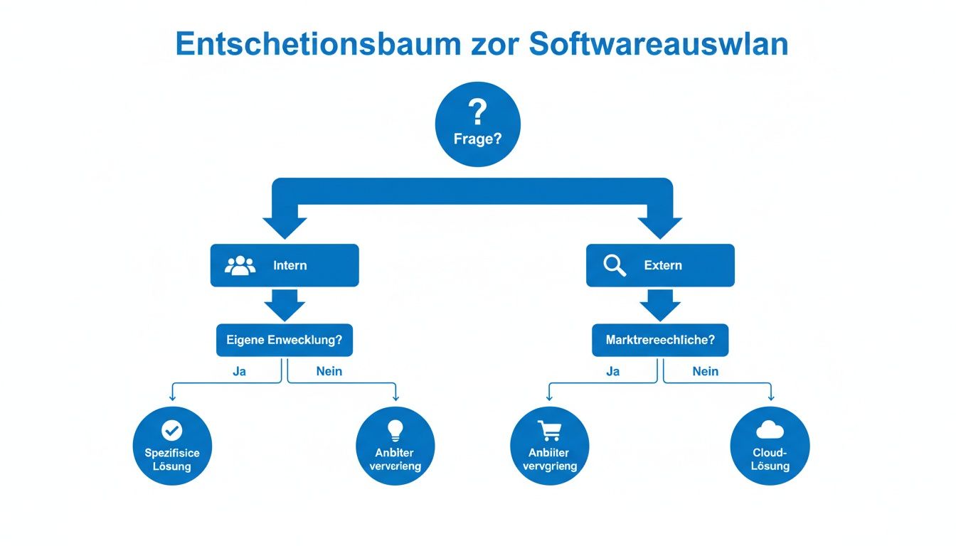 Ein Entscheidungsbaum zur Softwareauswahl, der Optionen für interne Entwicklung oder externe Lösungen aufzeigt.