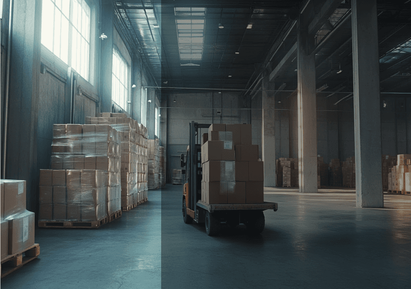 warehouse with boxes and machines