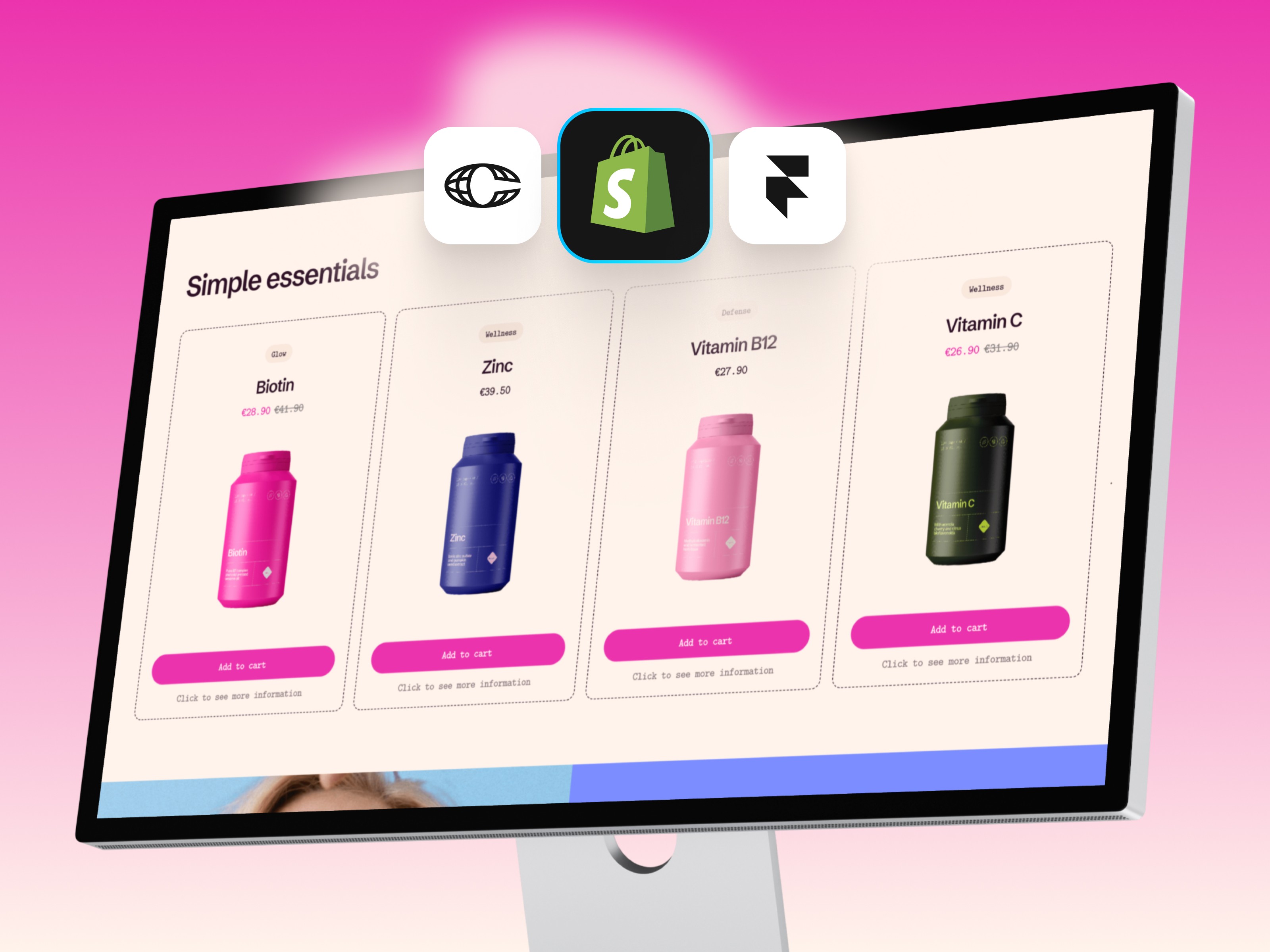 Modern Framer eCommerce template storefront showcasing skincare product cards with clear Shopify and Framer integration icons.