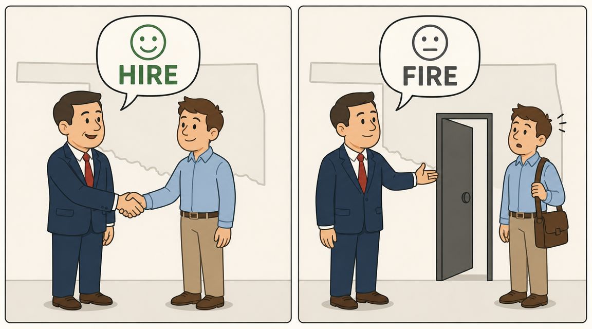 A split image showing a businessman hiring an employee on the left and firing one on the right.