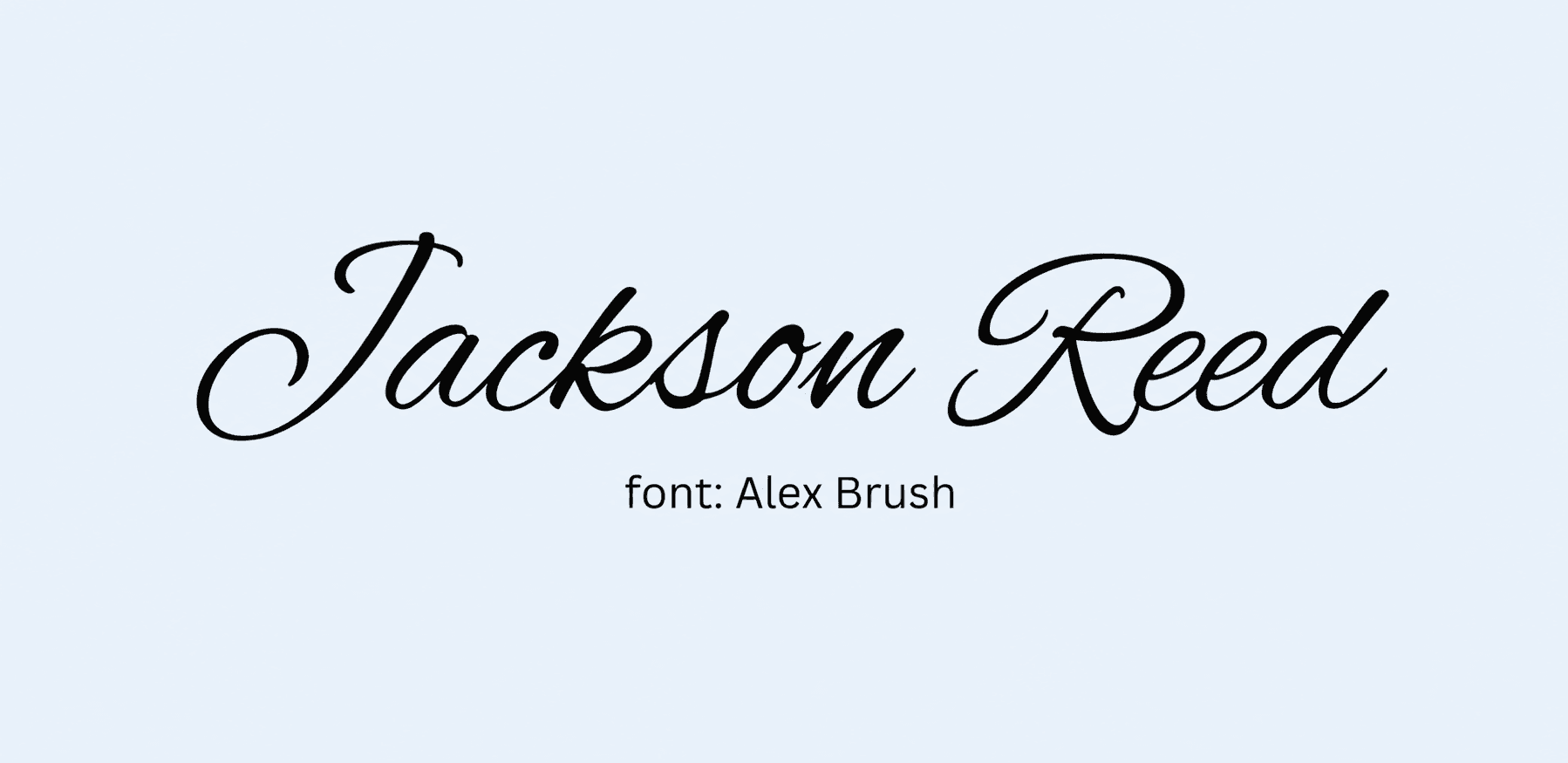 Sample name signed in a cursive signature font on a light background, with the font name labeled below.