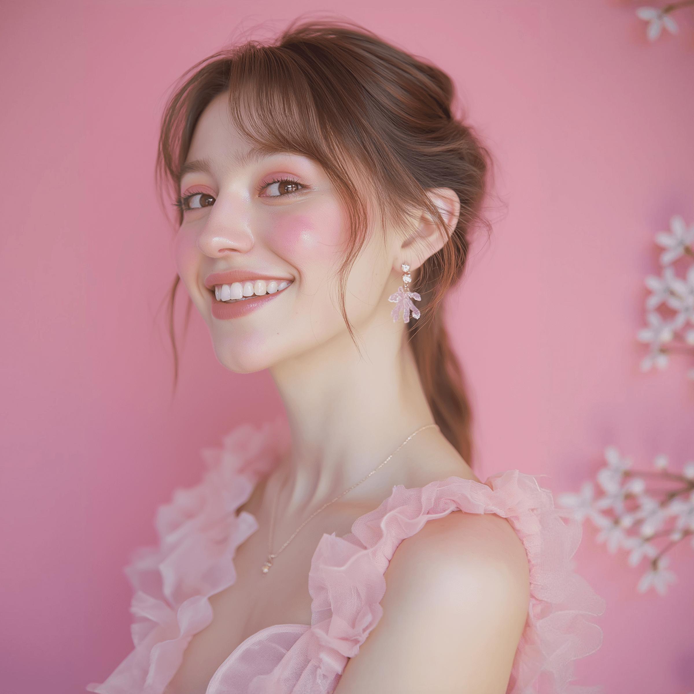 A smiling person wearing a pink dress in front of a pink background with blooming flowers.