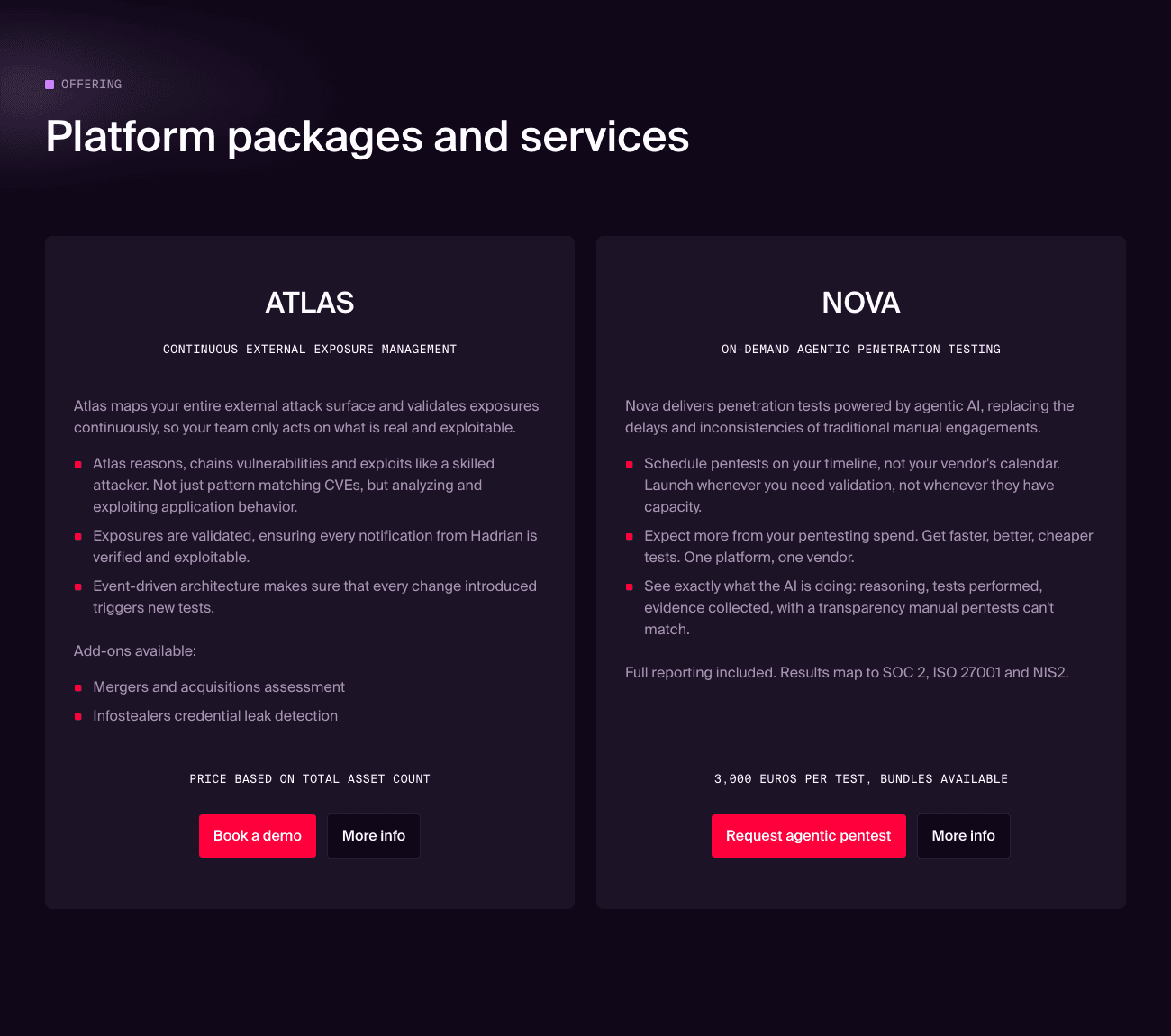 Hadrian pricing page showing Atlas asset-count pricing and Nova at 3,000 euros per test