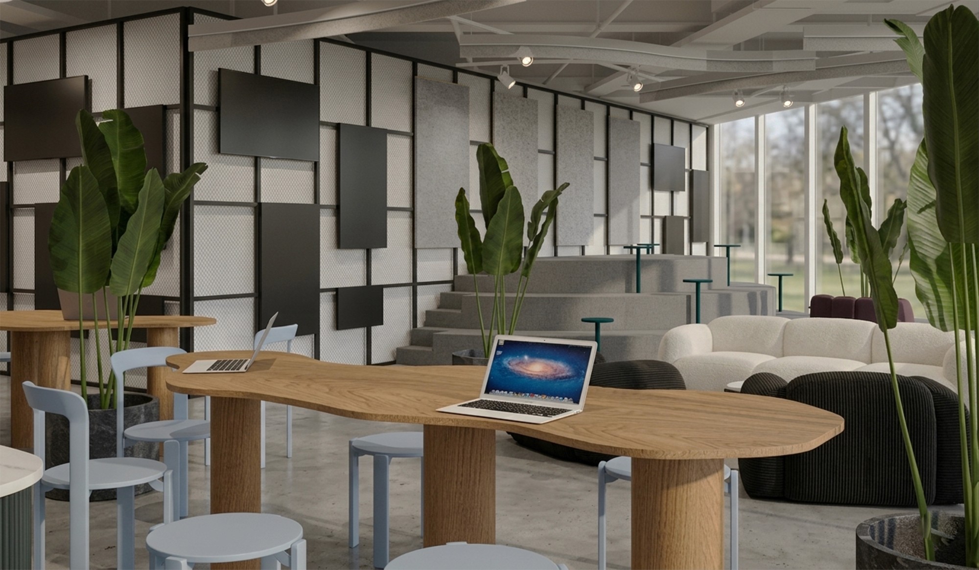 Flexibles Erdgeschoss als offener Work-Hub mit Work Café, Event-Arena und Lounge-Bereichen. Integriertes Gastronomiekonzept „MyKitchen“ für gemeinschaftliche Koch-Events und Workshops.