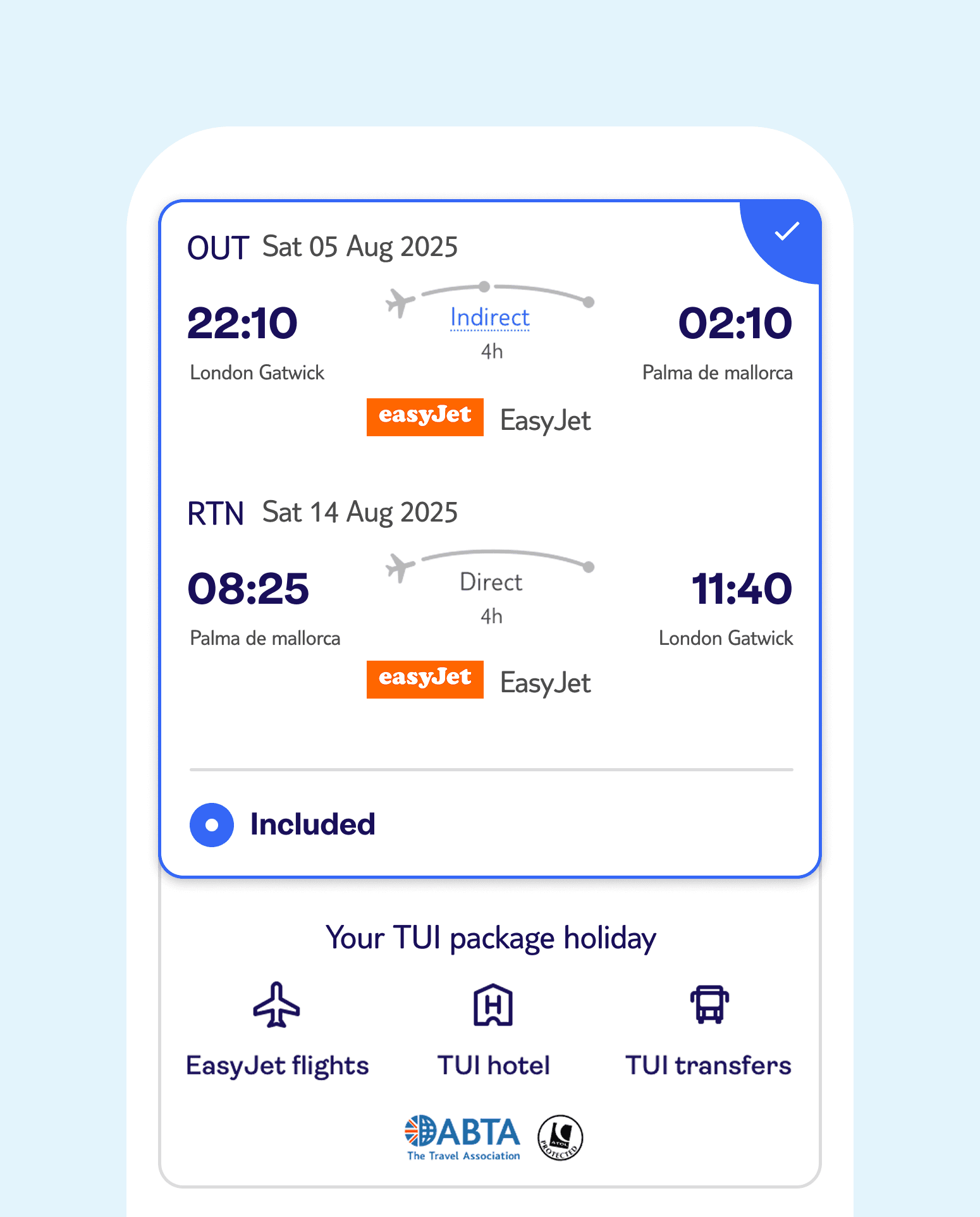 Example of a flight card, with high-level 'TUI Holiday Promise' content underneath, on a mobile screen.