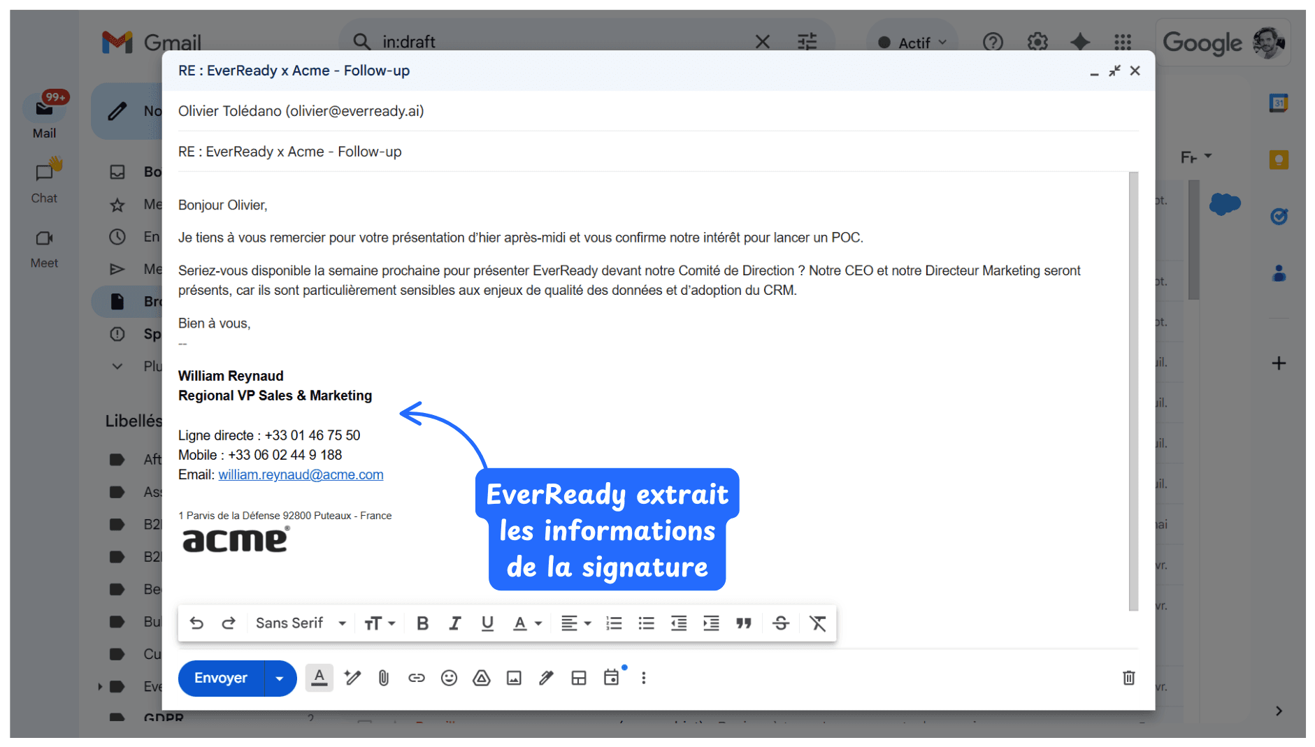 Un email dans Gmail avec la signature du contact, dont EverReady extrait les informations