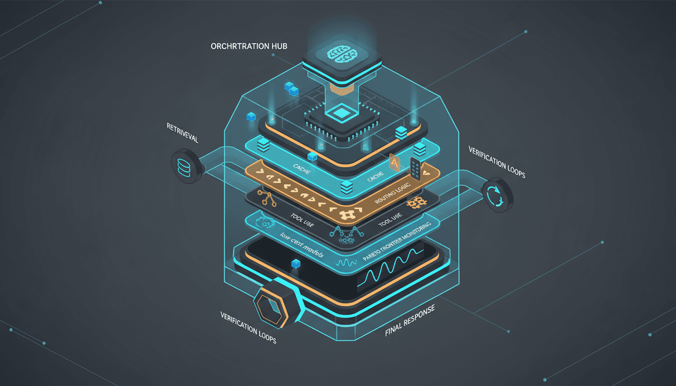 Diagram showing a multi-tier AI reasoning router with cache, routing logic, and verification loops