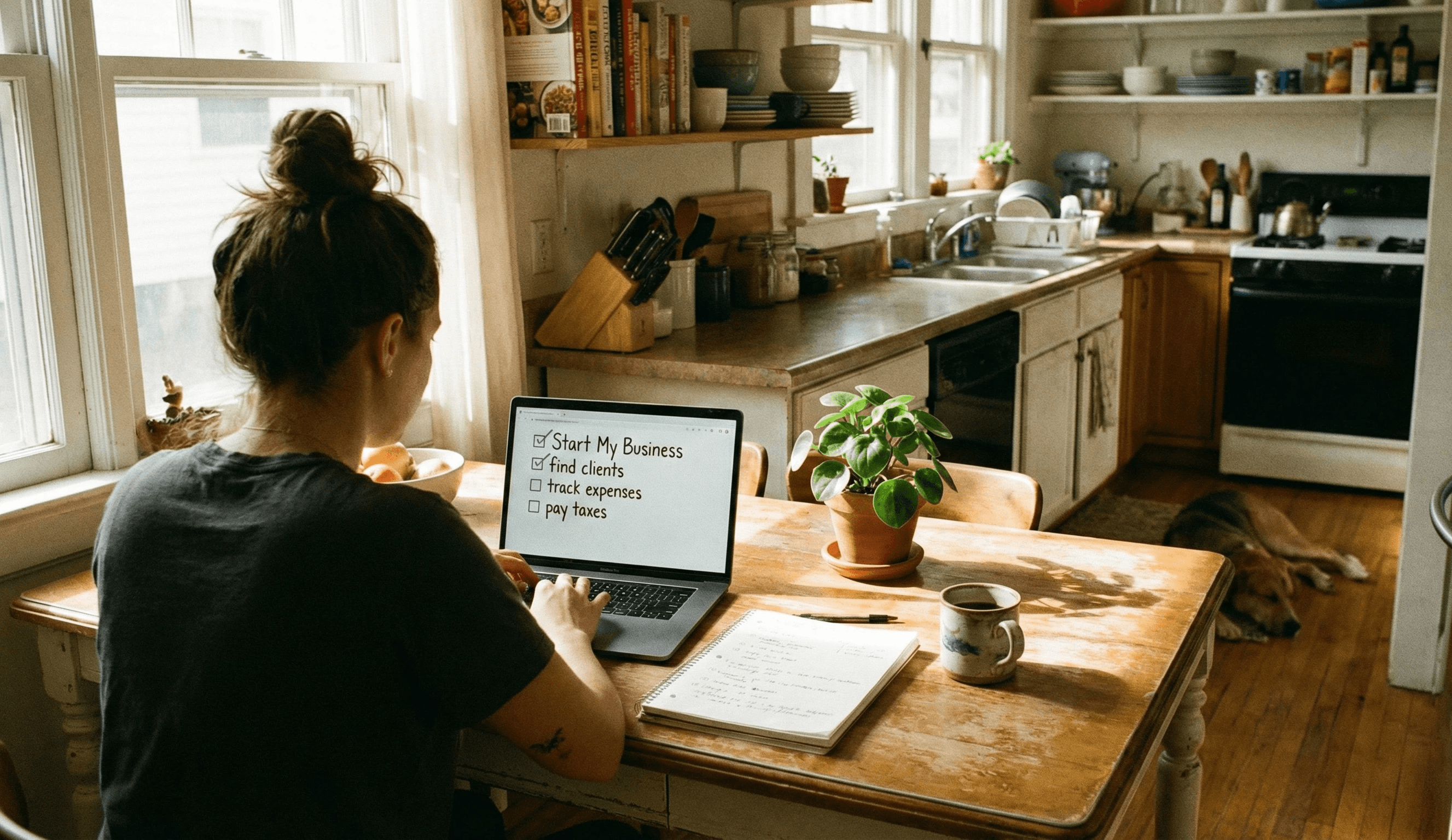 Person working at a kitchen table on a laptop with a simple ‘start my business’ checklist, showing that you can run a business from home without an LLC