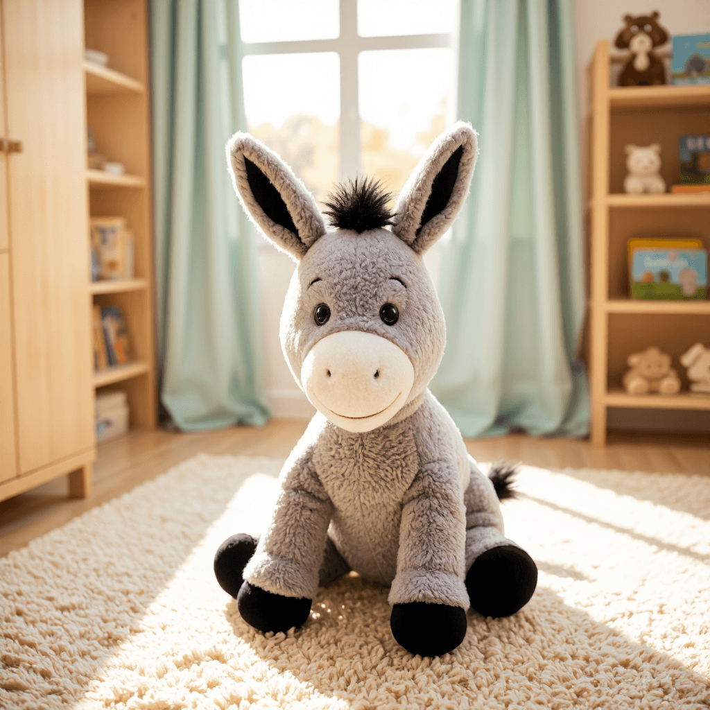 product photography of a plush toy of a cartoon donkey character, used for cuddling or decoration