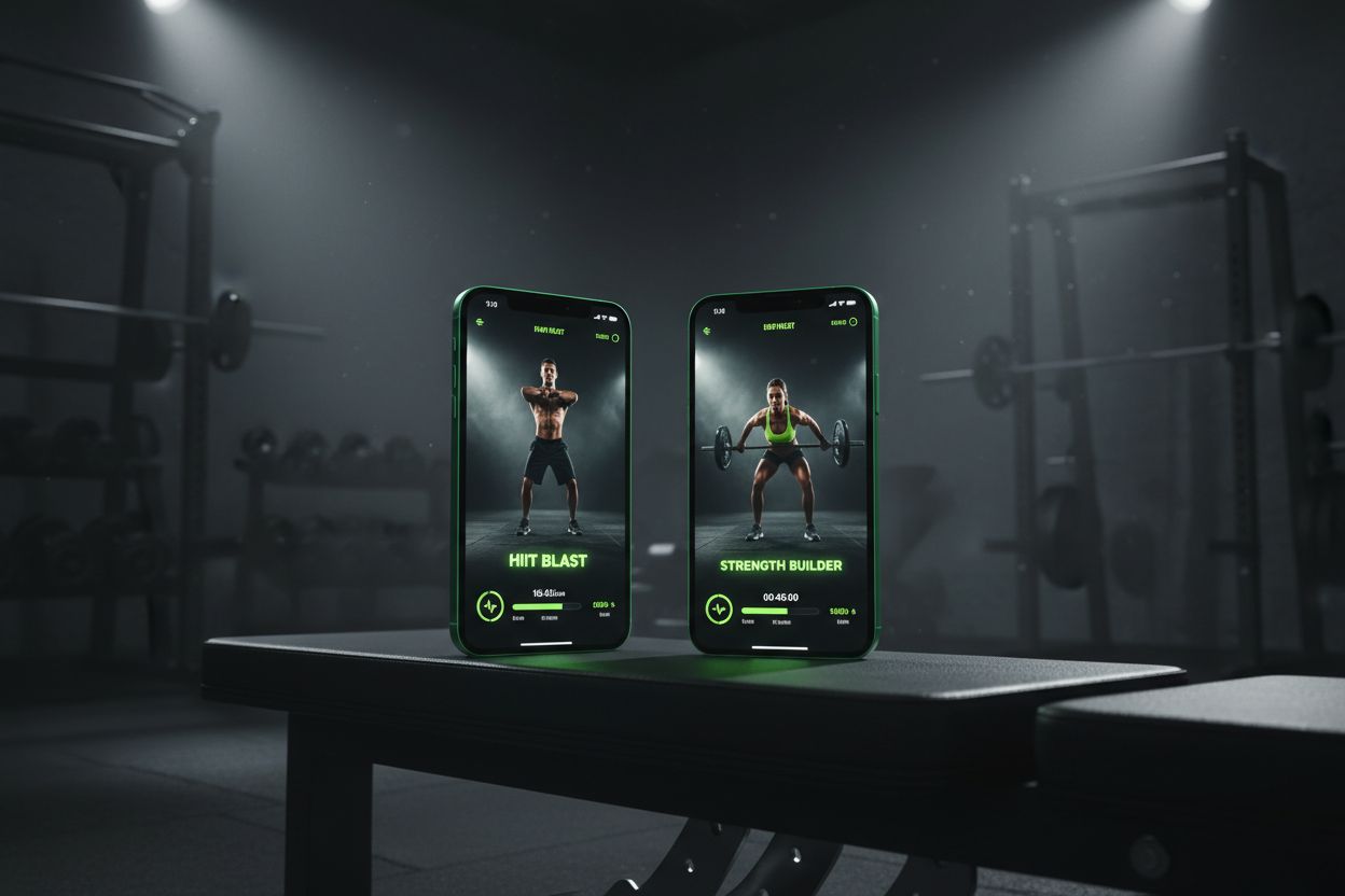 Two phones comparing workout apps in gym
