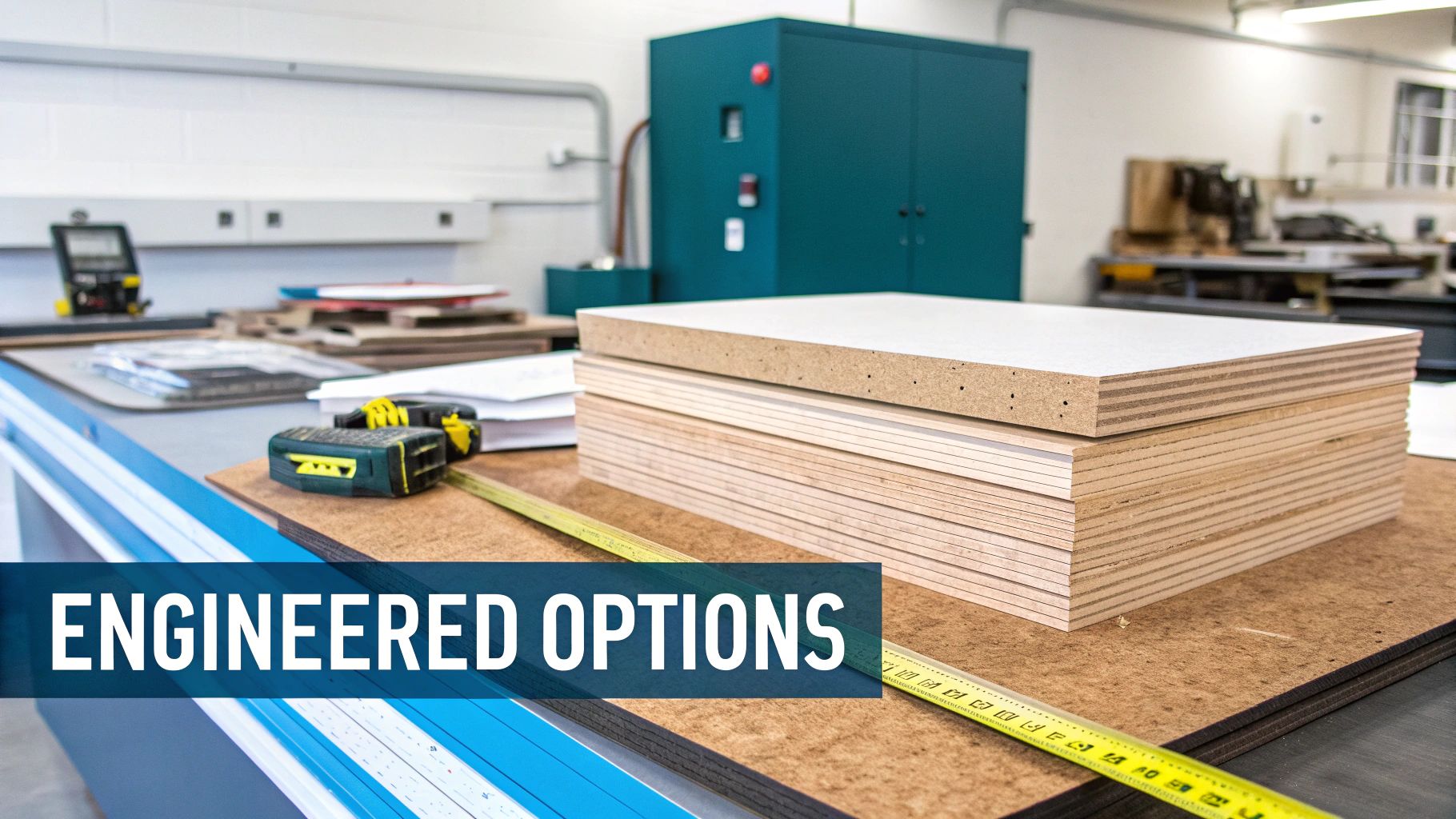 Stacked engineered wood panels, a tape measure, and tools on a workbench in a bright workshop.