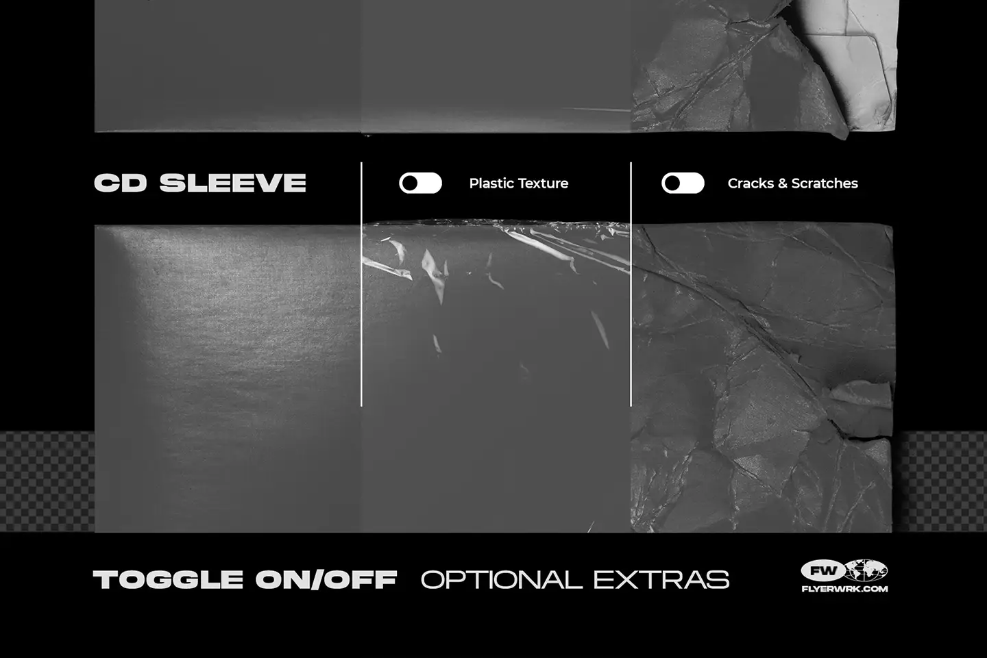 CD sleeve mockup plastic texture overlay and cracks scratches toggle options