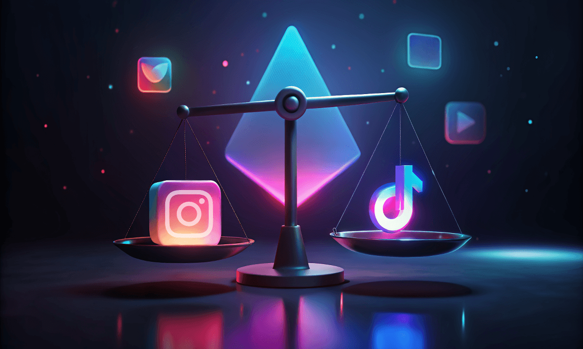A stylized scale balancing the Instagram and TikTok logos, symbolizing a comparison between the two platforms for content creators. The background features digital media icons like microphones, video clips, and a glowing question mark above the scale, representing the decision-making process in choosing the best platform.
