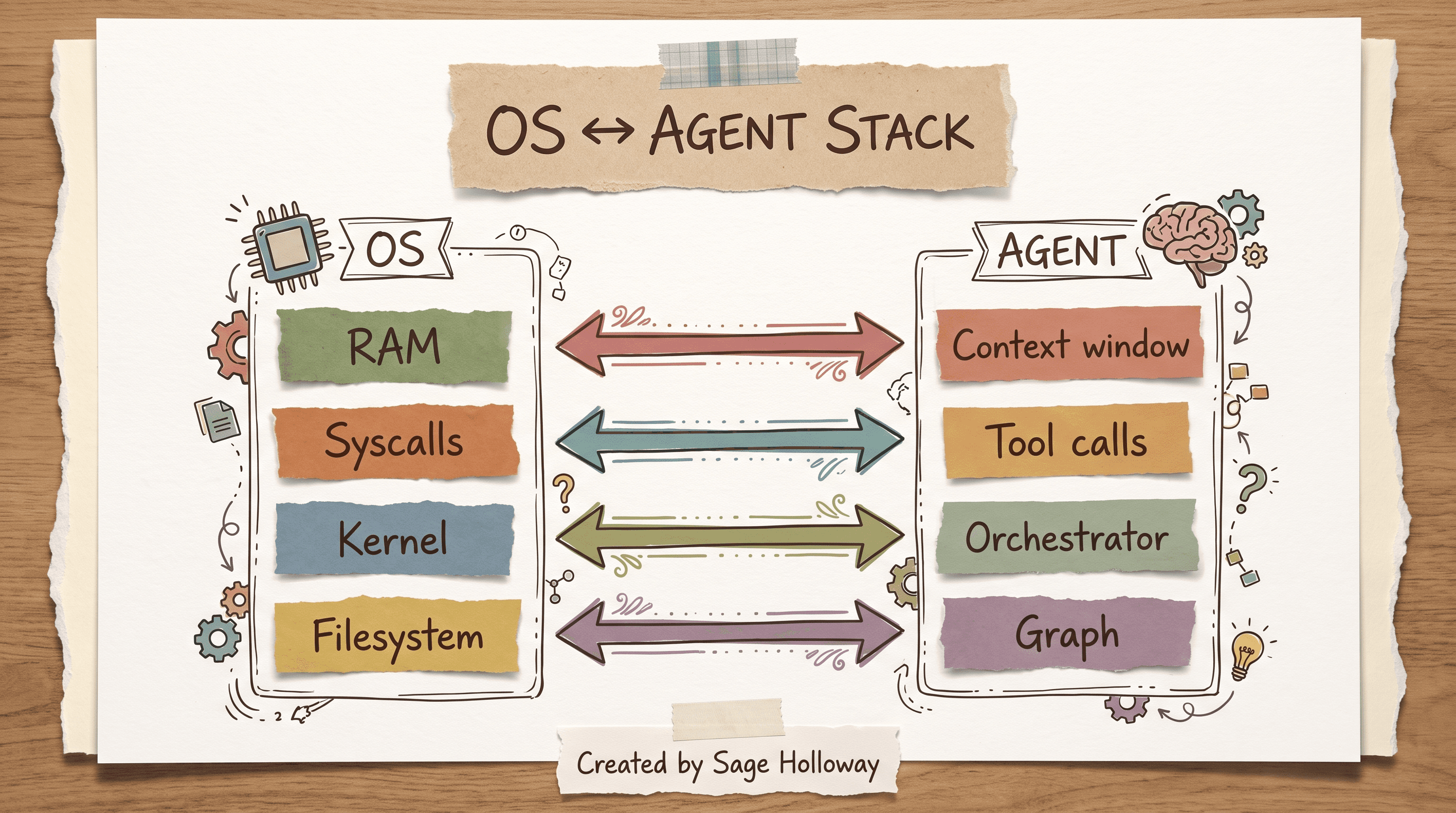 Scrapbook two-column diagram mapping operating system layers to agent stack layers