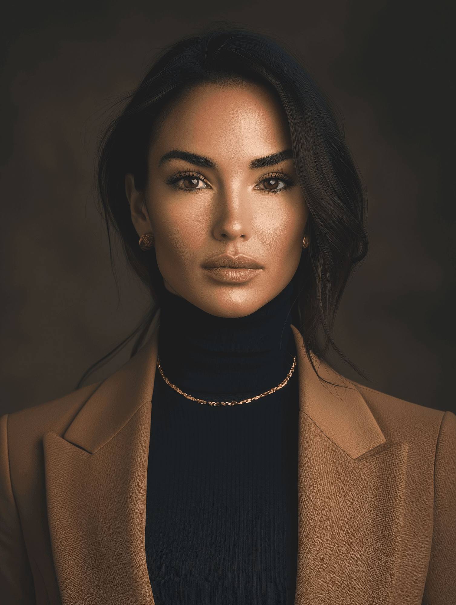 Woman with dark hair, wearing a turtleneck and blazer, poses against a dark background, conveying a serious expression.