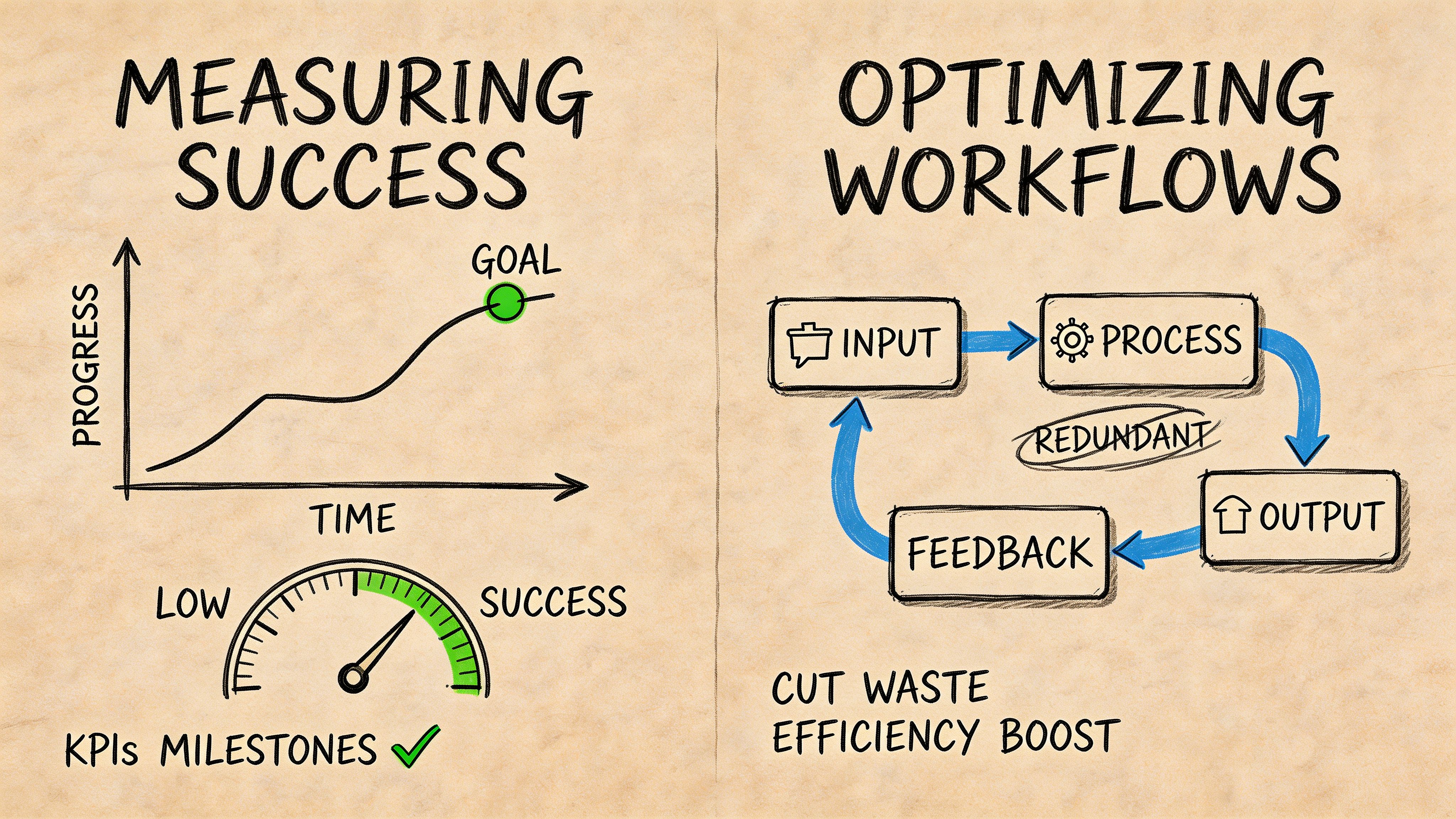 A hand-drawn illustration comparing measuring success through progress charts and optimizing workflows by eliminating redundant processes.
