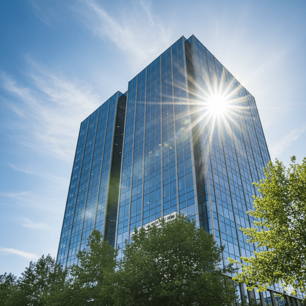 A modern commercial building facade representing the real estate landlords Newable helps to achieve carbon neutrality.