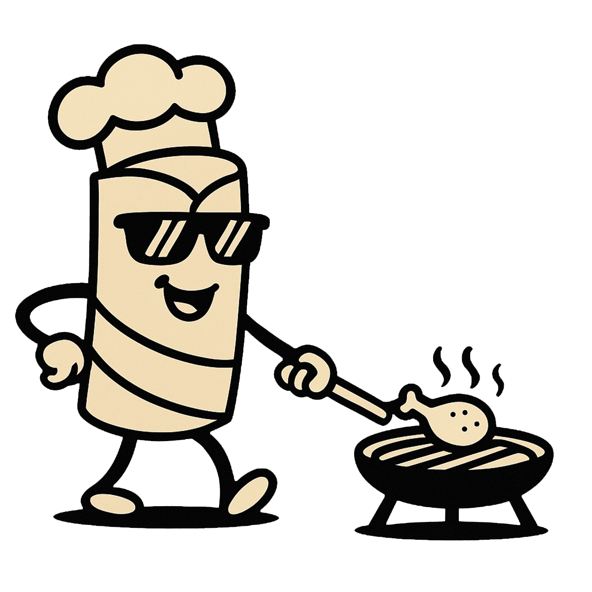 Rico Rolls mascot illustration of a smiling wrap character wearing sunglasses and a chef hat grilling a chicken drumstick.