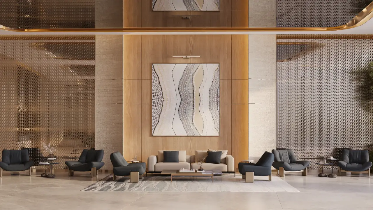 Stylish lounge seating area inside the lobby of Binghatti Wraith.