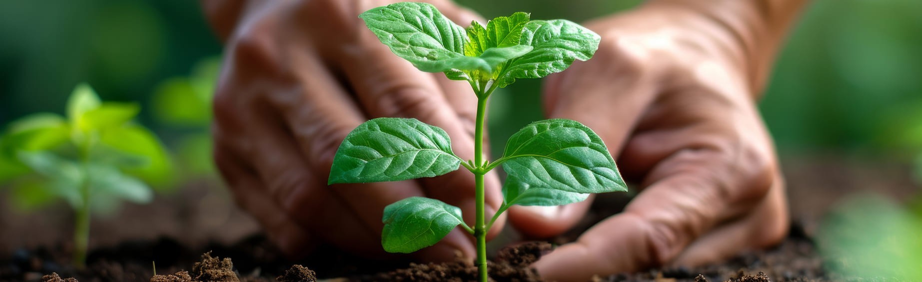 Hands planting green seedling
