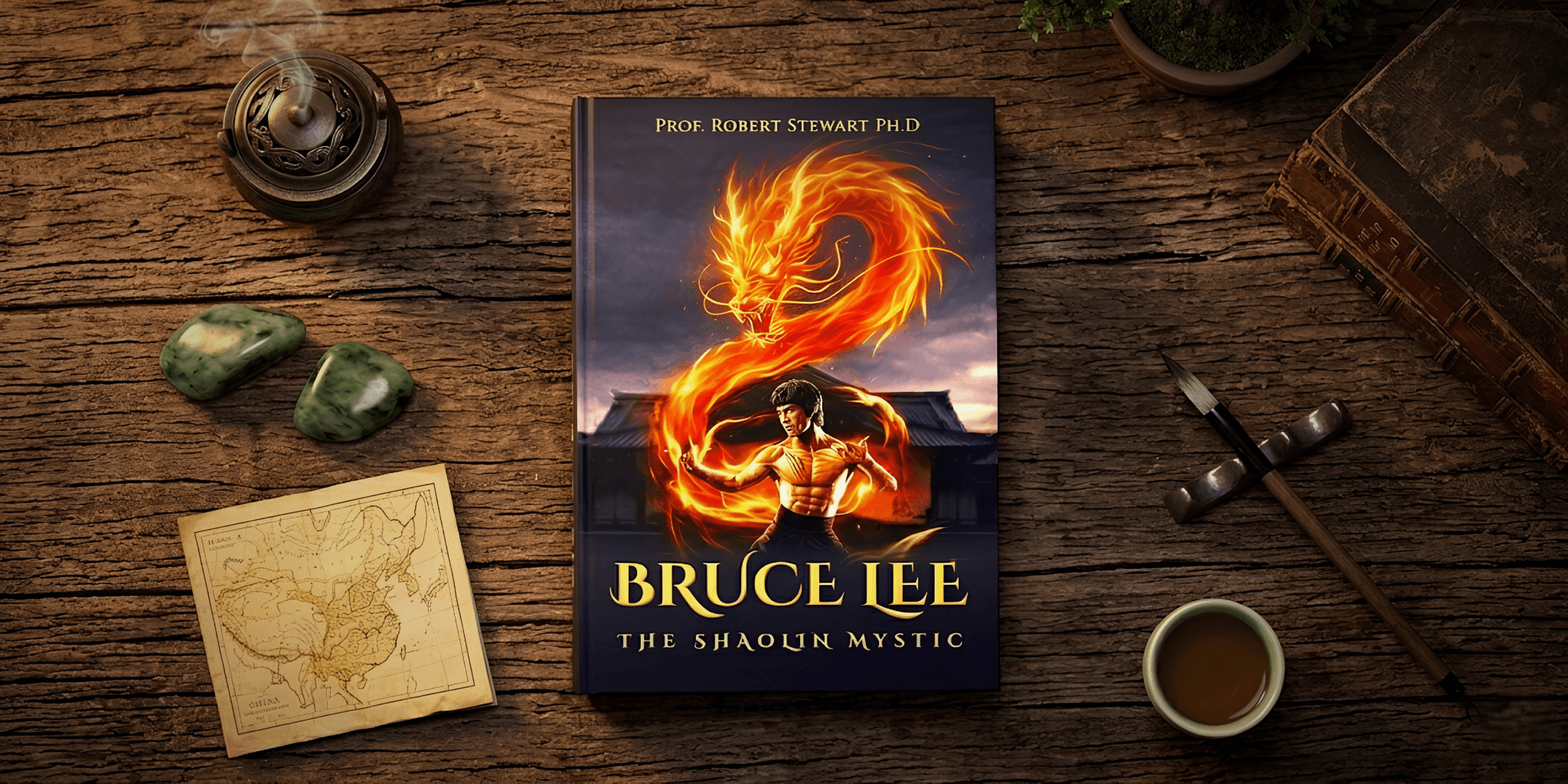 Book cover titled "Bruce Lee: The Shaolin Mystic" by Prof. Robert Stewart, featuring Bruce Lee with a fiery dragon. Surrounding items include incense, green stones, a vintage map, a cup of tea, and a wooden flute on a rustic wood table, evoking an ancient, mystical atmosphere.