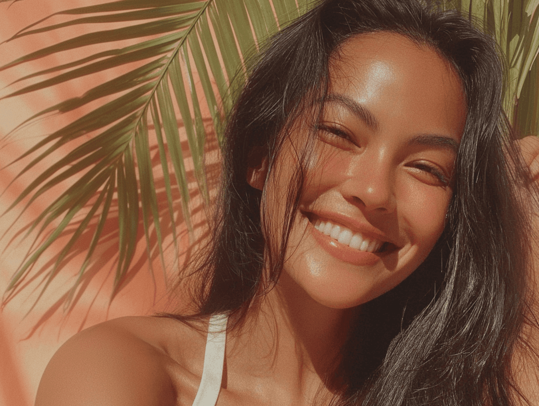 Woman smiling in warm sunlight against a coral wall with palm leaves, natural glow and relaxed, tropical setting
