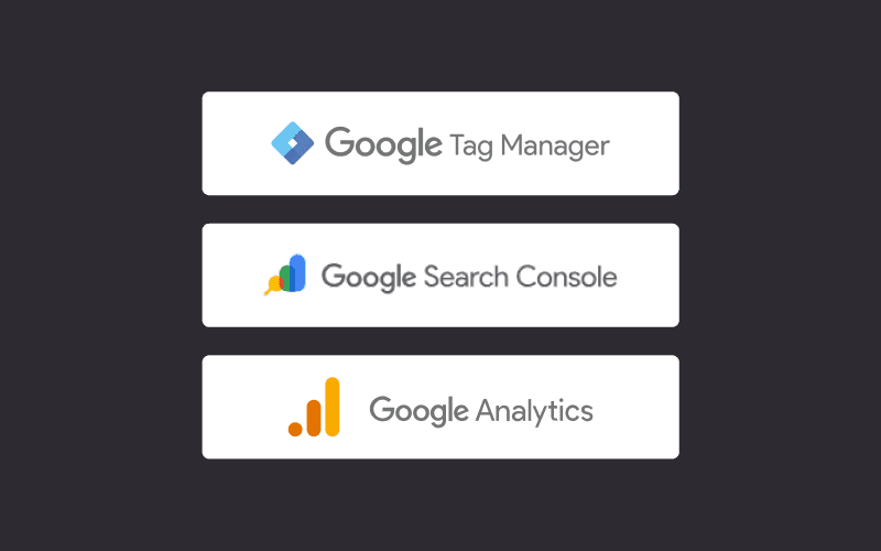 Google Tag Manager, Search Console, and Analytics logos representing core tracking integrations for Framer sites.
