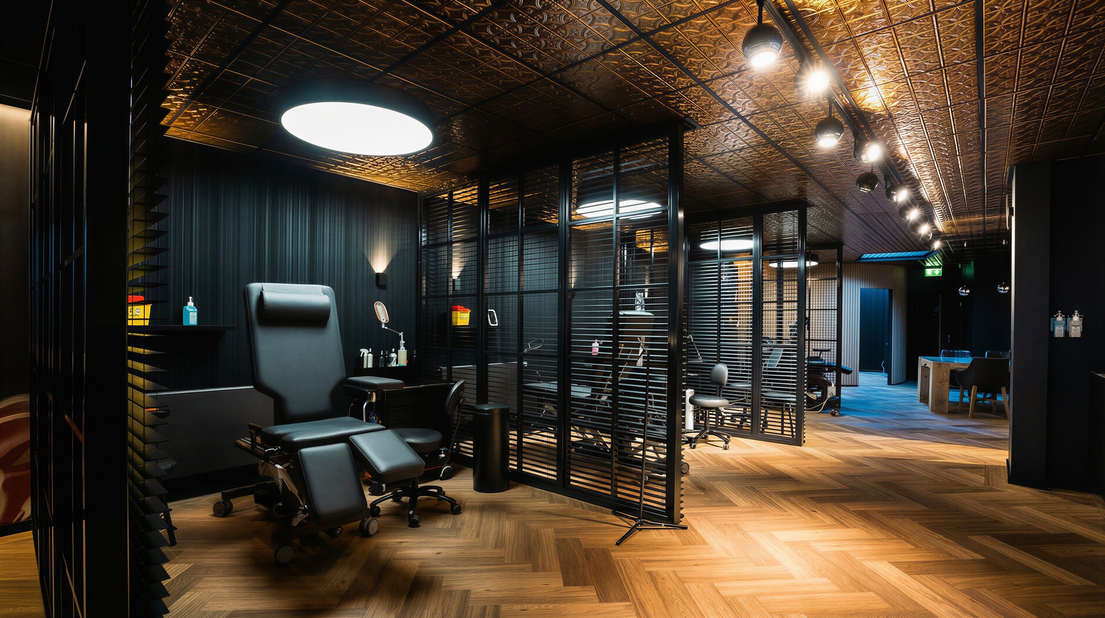 Turn-key B2B interieur. Stalen scheidingswanden met jaloezieën zorgen voor privacy tussen de steriele tattoo-werkplekken.