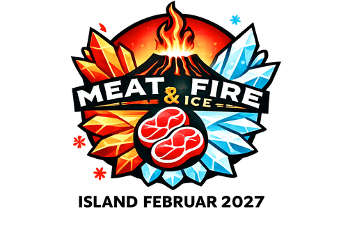 Emblem Meat, Fire & Ice mit Vulkan, Eis und Fleischdarstellung für die Island-Fachexkursion 2027