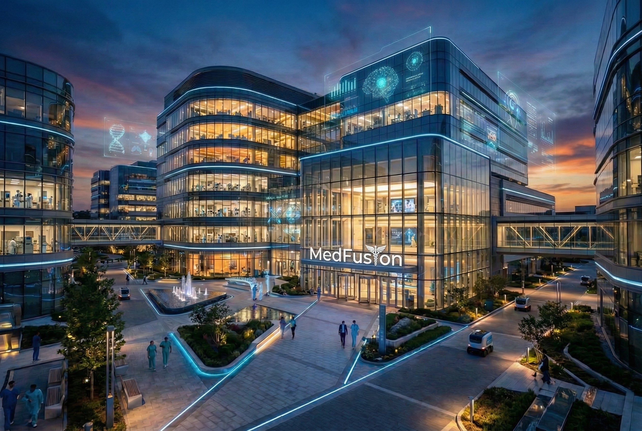 Modern office building with large windows reflecting a vivid orange sunset sky, silhouetted figure visible through the glass.