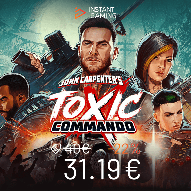 John Carpenter’s Toxic Commando jaquette officielle avec prix Instant Gaming 31.19€, jeu shooter coopératif contre hordes de zombies inspiré des films d’horreur