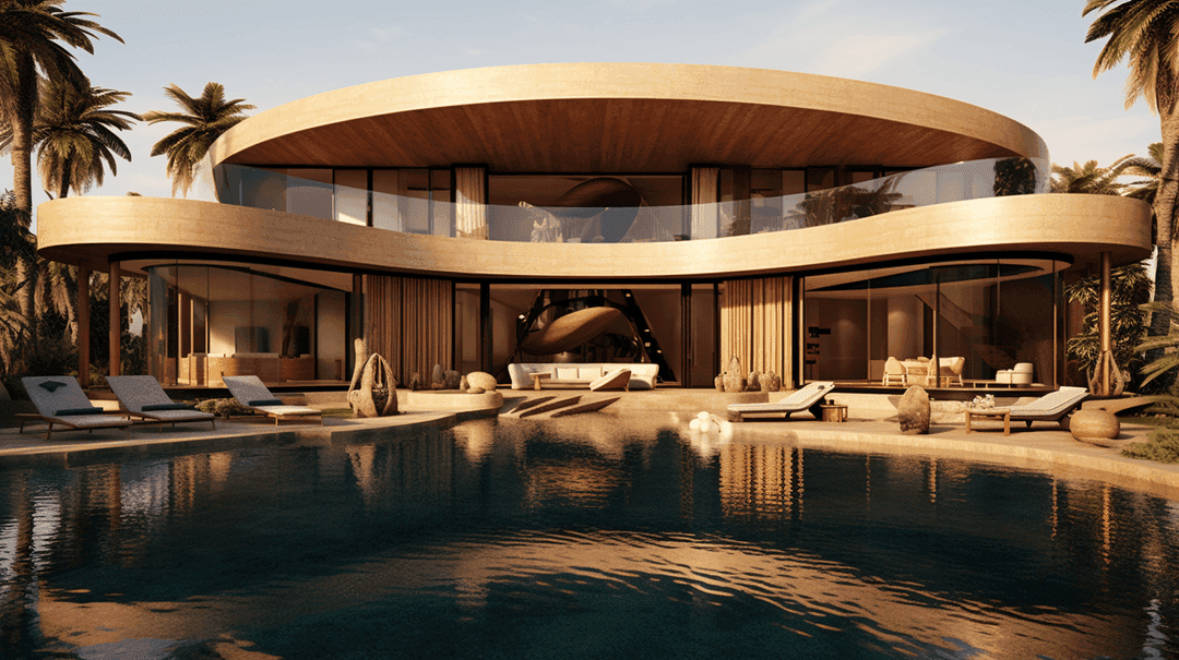 Futuristic circular desert villa with infinity pool, curved roof, and palm trees at sunset