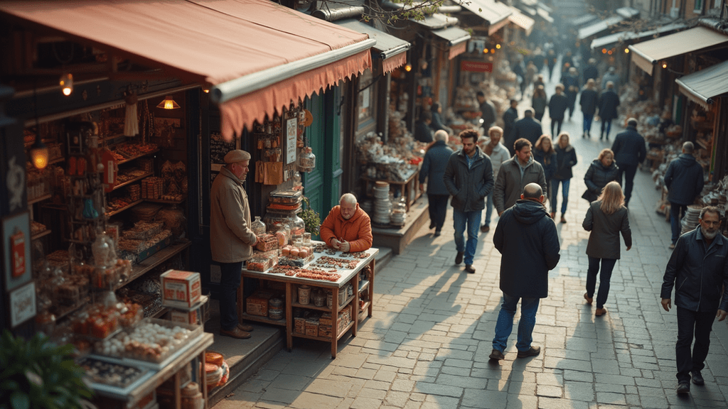 High angle view of a community event outside a local shop with people browsing