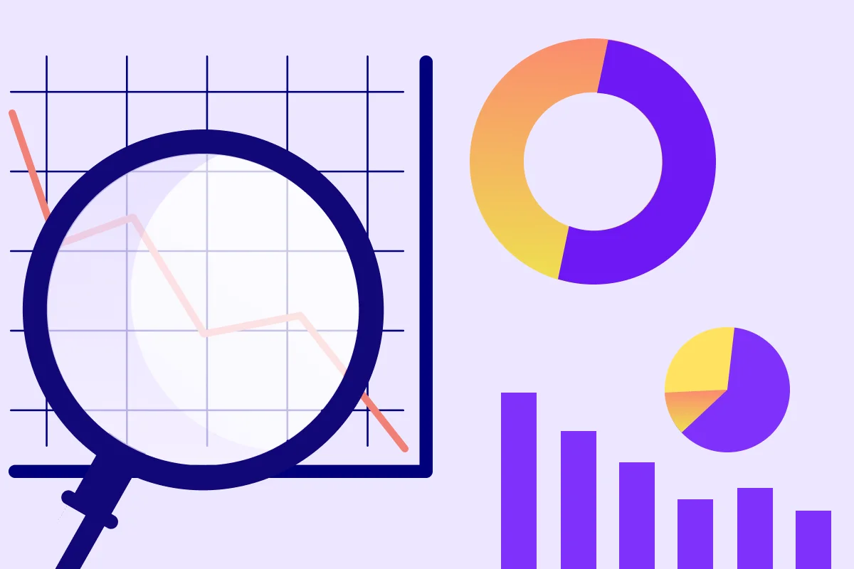 Graphs and charts with a magnifying glass, representing data analysis and visualization concepts.
