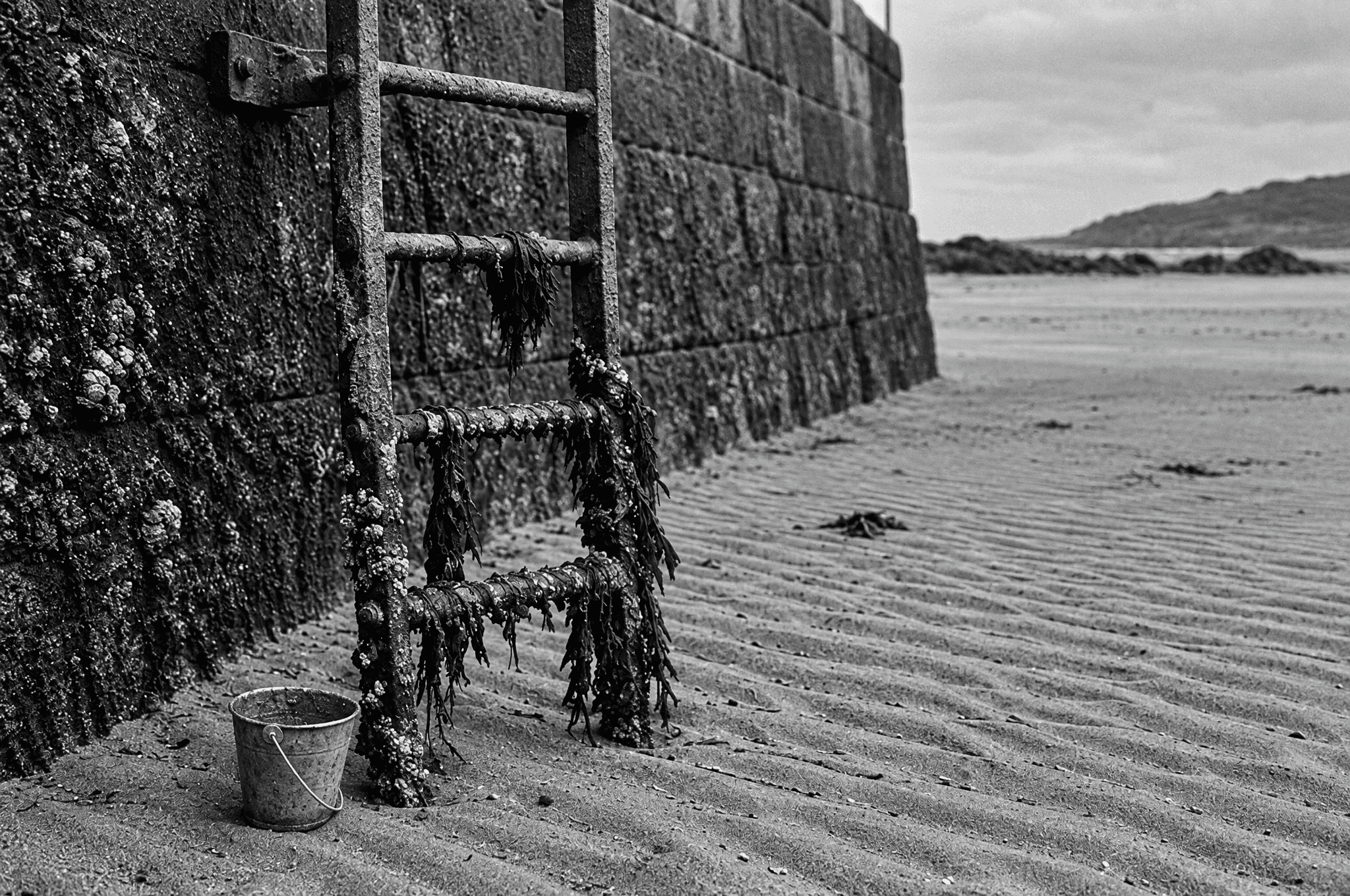 An iron ladder hung with dried seaweed descending a harbour wall to dry sand, a tin bucket at its foot