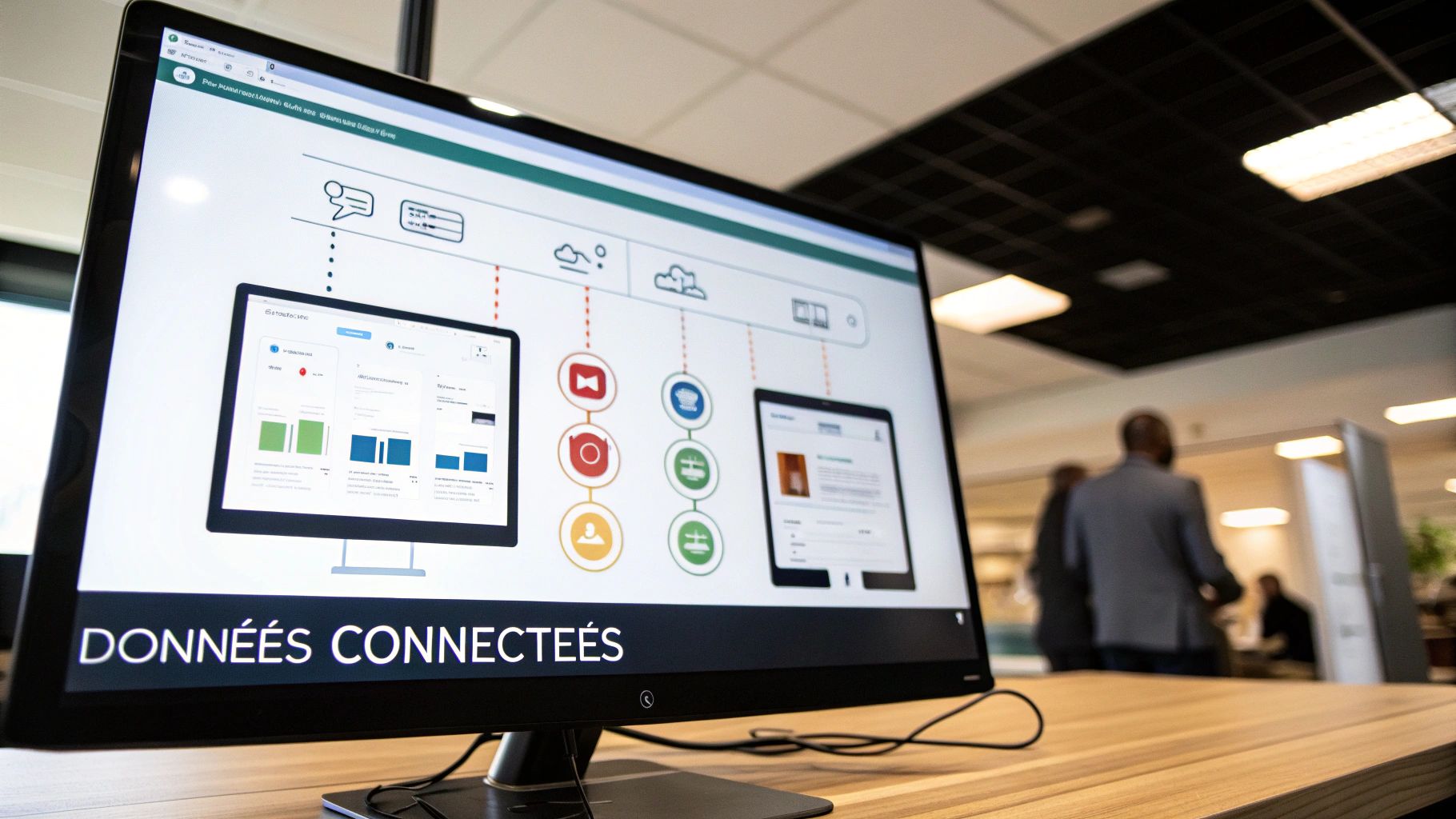 Gros plan d'un écran d'ordinateur affichant un diagramme complexe de données connectées et des graphiques. Le texte 