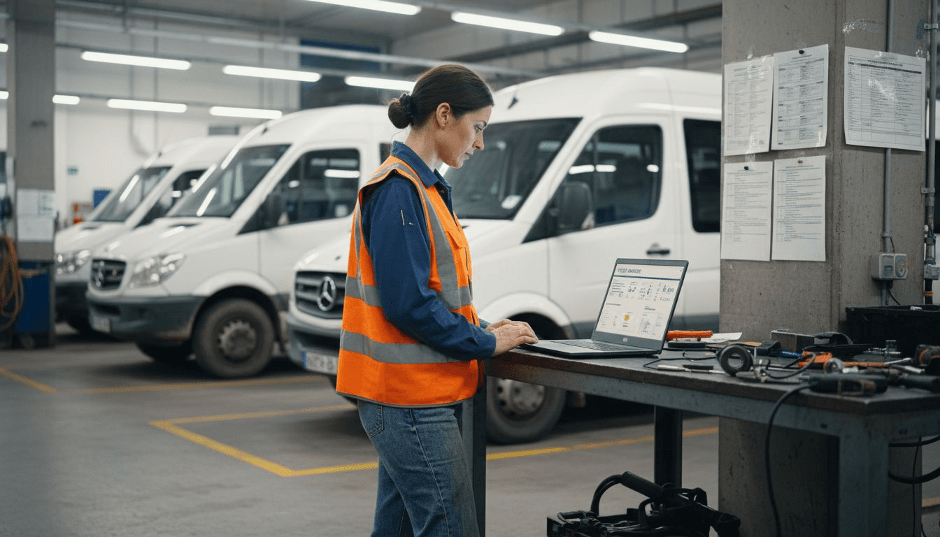Technician checks telematics data in fleet garage