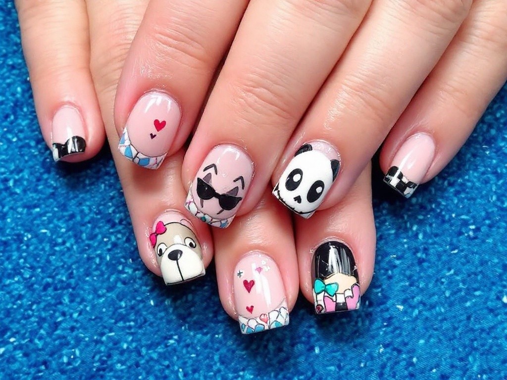 Close-up of fingernails with cartoon character designs