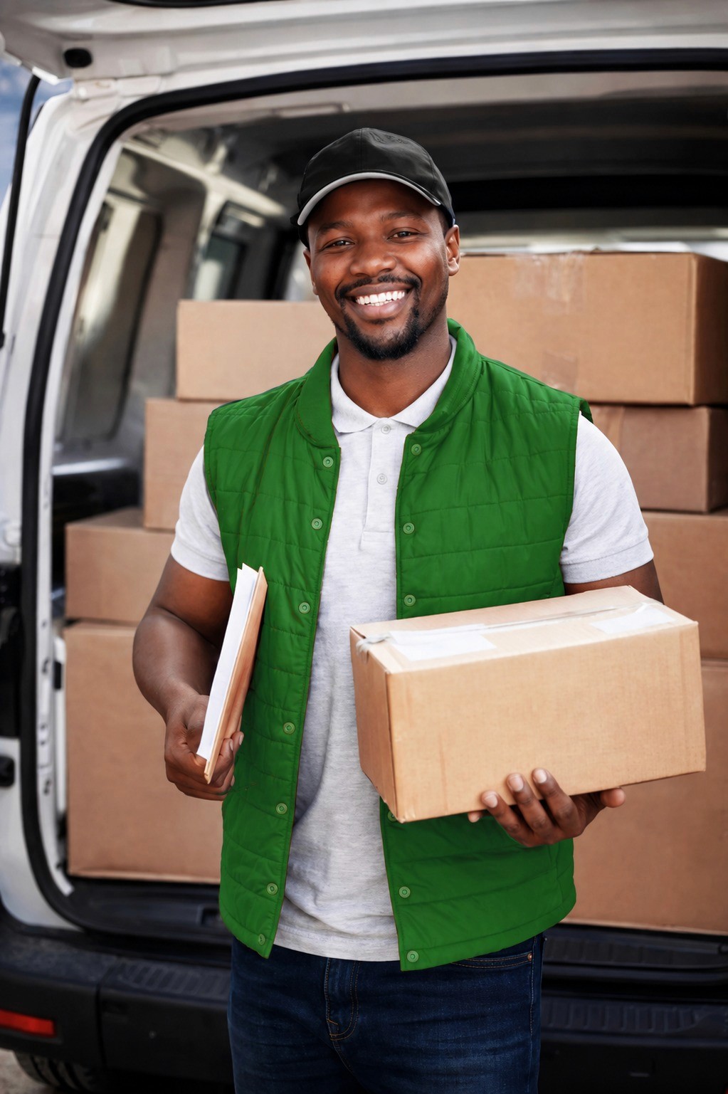 Man sitting in a car next toboxes