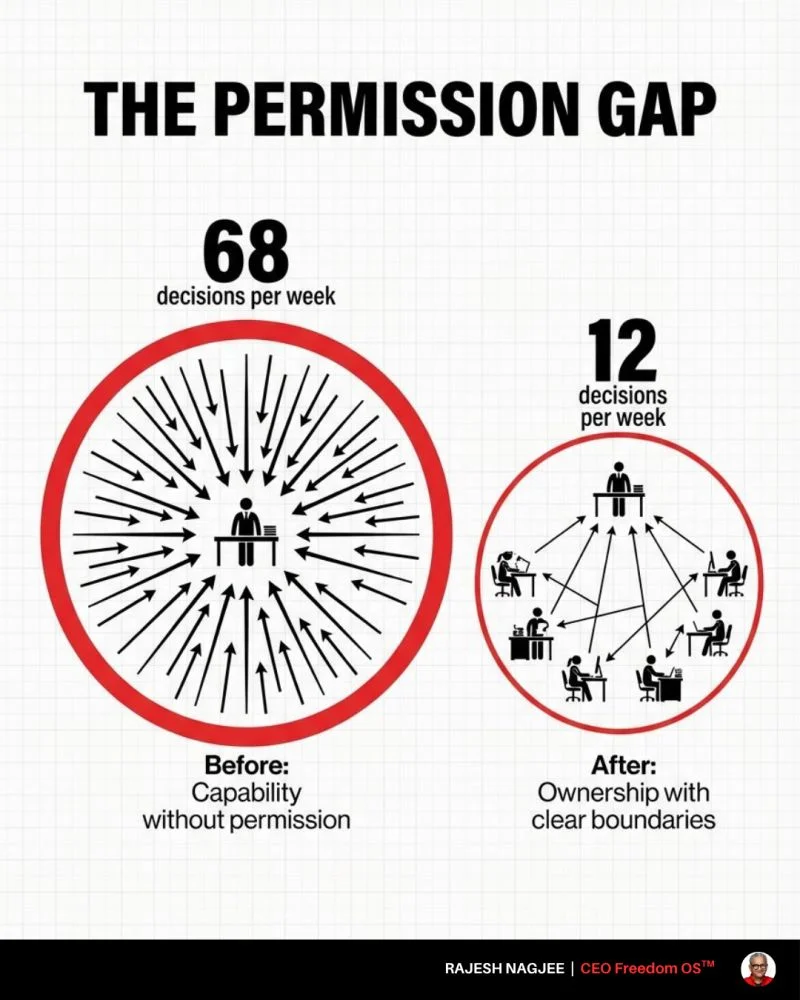 The Permission Gap: before installing decision ownership, the CEO handles 68 decisions per week with all arrows pointing inward; after, the team handles distributed decisions with clear boundaries, reducing CEO decisions to 12 per week. — Rajesh Nagjee, CEO Freedom OS™