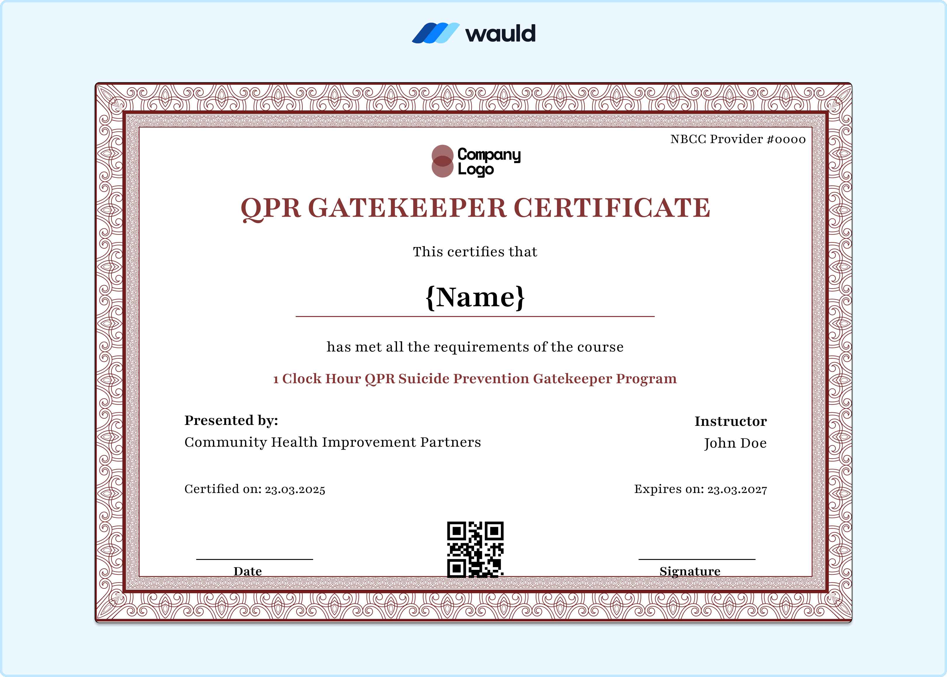 Bold dark red QPR Gatekeeper certificate template with white typography, recipient name field, instructor details, Community Health Improvement Partners presenter information, certified date, expiry date, NBCC Provider number, and QR code