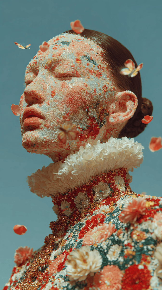 A serene person with a floral textured face and collar, resembling a sculpture. Butterflies and petals float around against a blue sky background.