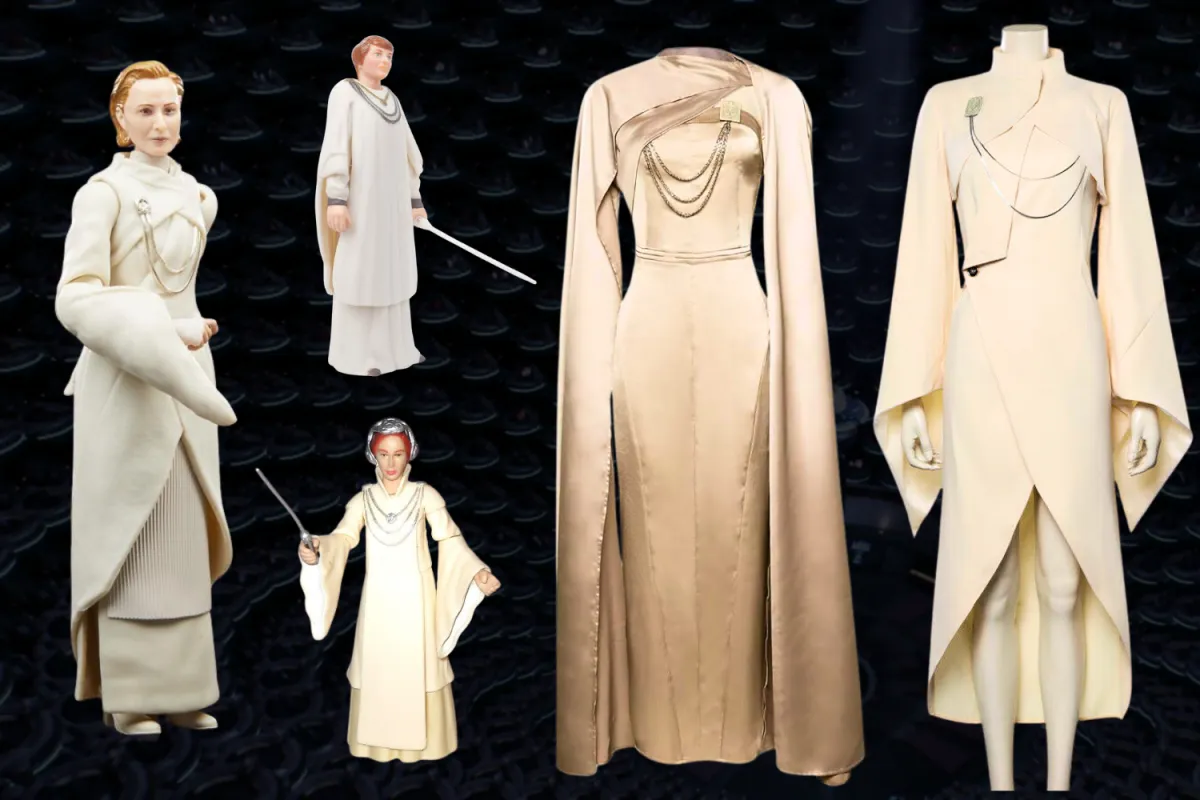 A collection of Mon Mothma action figures and costume replicas from various Star Wars appearances, showcasing her iconic fashion across the franchise.