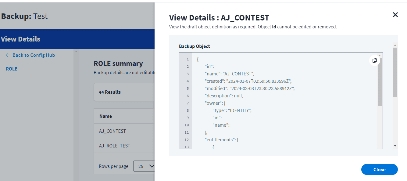 Screenshot of Config Hub backup details showing JSON data for the AJ_CONTEST role.