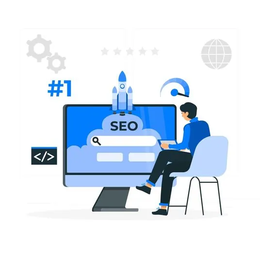 Illustration of a person sitting with a laptop in front of a large desktop screen displaying the word 'SEO' with a search bar, symbolizing AI-powered search engine optimization. Icons of gears, a rocket, coding symbol, and a performance gauge highlight digital marketing and optimization themes.
