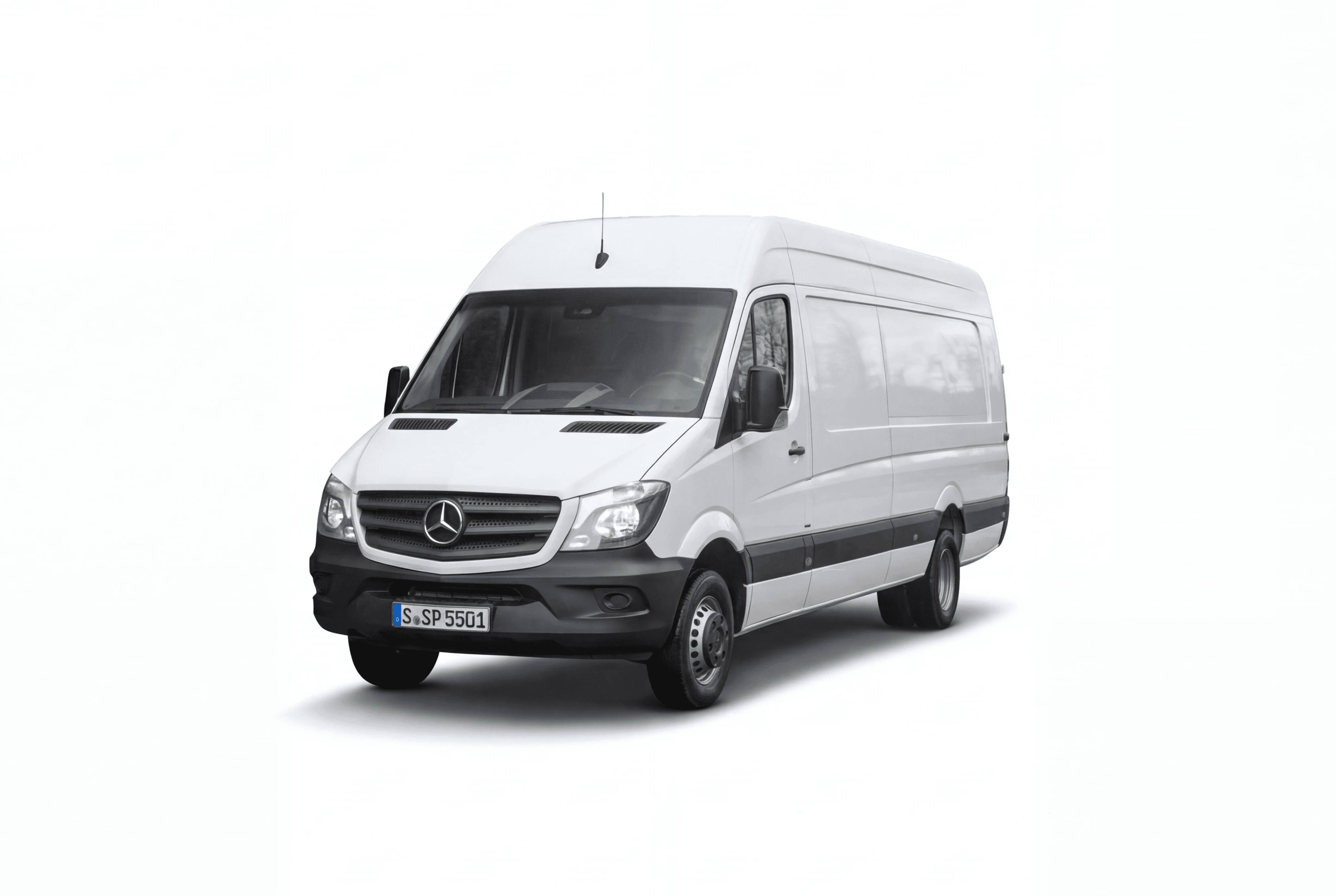 Weißer Mercedes-Benz Sprinter 515 CDI mit 163 PS, leistungsstarker Transporter für schwere Transporte und Langzeitmiete in Heidelberg.