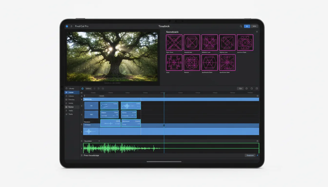 A high-resolution product screenshot of Final Cut Pro for iPad, displayed on a modern tablet against a clean, white background. The interface is in a sleek Modern Dark Mode. The top half features a video preview window on the left showing a vibrant forest scene with a mossy tree, and a soundtrack browser on the right with a grid of bright magenta thumbnails with abstract line art. The bottom half is dominated by a complex multi-track video editing timeline with several layers of blue video clips, narration audio tracks, and a prominent green audio track with a detailed waveform. Abstracted text labels and UI elements are crisp and clearly visible.