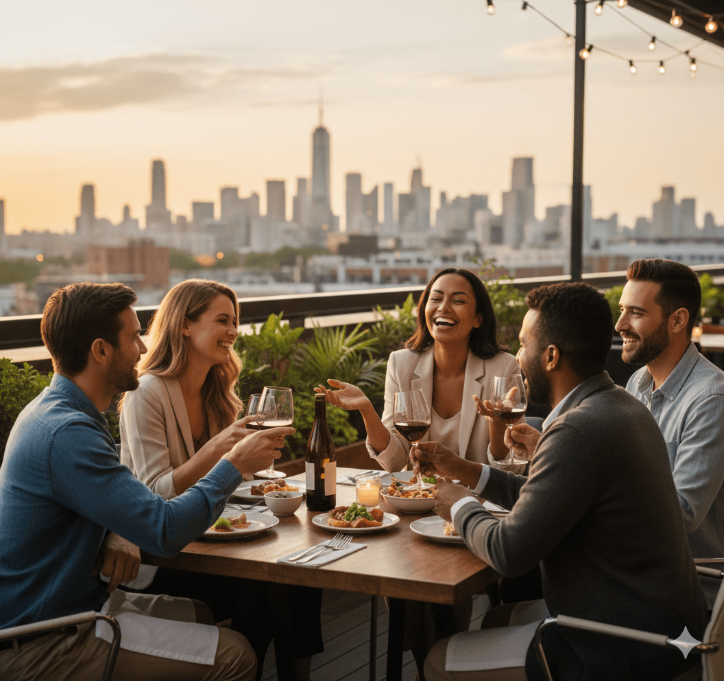 frinds sitting in open rastaurant