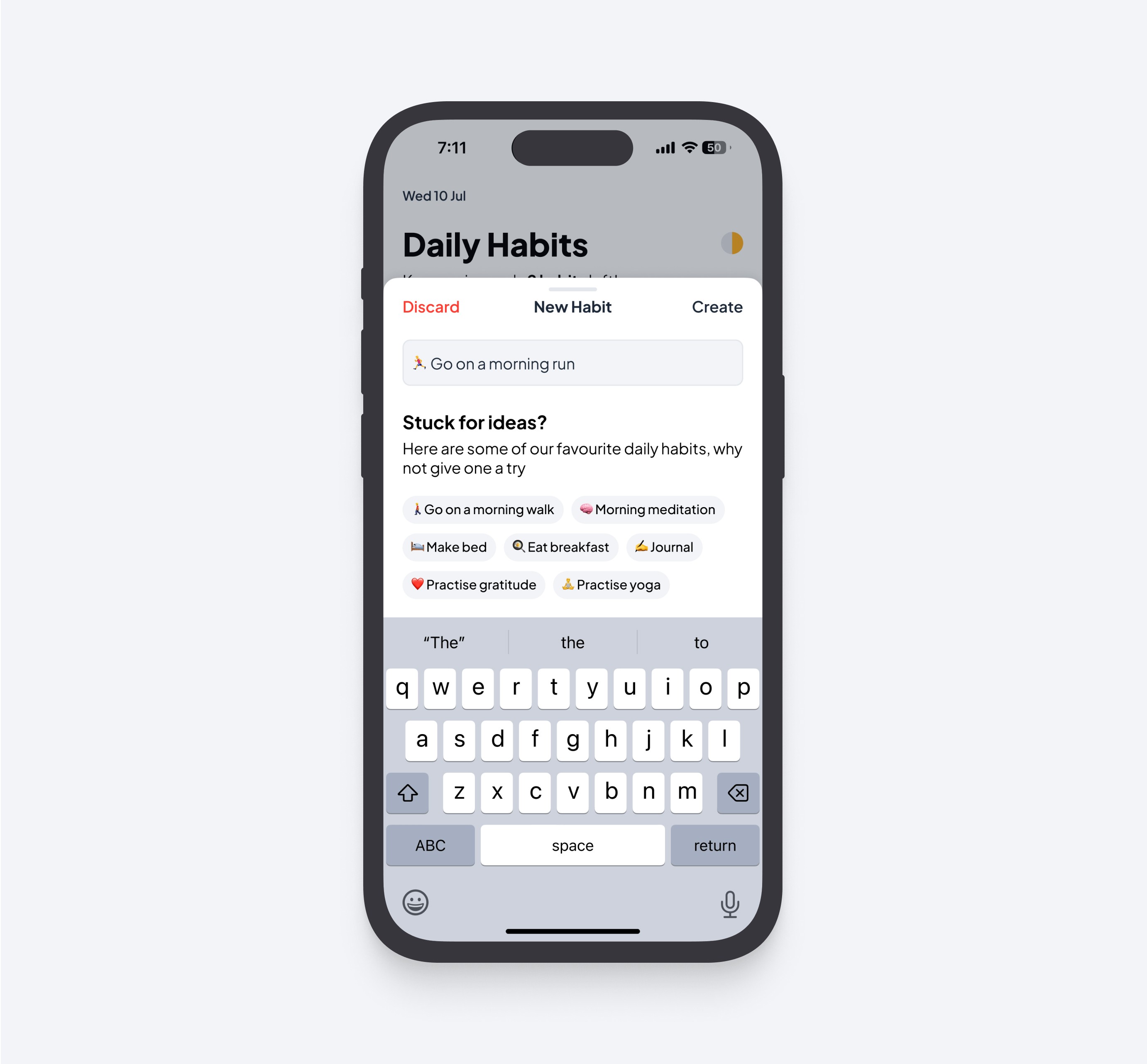 An iphone showing the creation window for daily habits